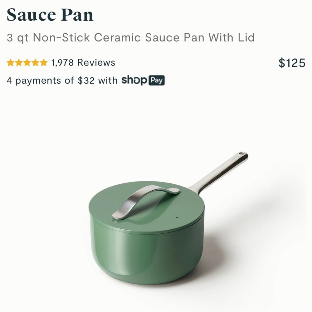 Caraway’s 3 qt Non-Stick Ceramic Sauce Pan With Lid— NEVER USED